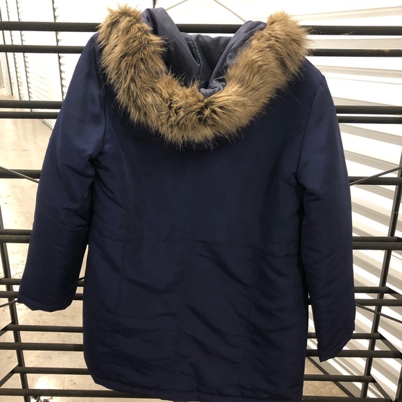 Winter Hooded button down coat, blue, two pockets, no holes, good condition. - Picture 3 of 3